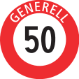 Generally mandatory maximum speed limit (within settlements, usually minimally applicable within the boundaries of a village or a town)
