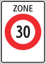 Start of area with a 30 km/h speed limit (especially careful driving is requested)